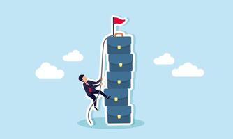 A businessman climbing a stack of briefcases with a rope, illustration of career advancement in progress toward becoming a top-level employee vector