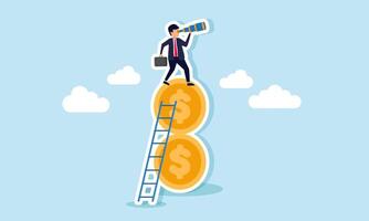 A businessman climbing a stack of dollar coins with a ladder while looking through binoculars, illustration of effort in the vision to increase company revenue vector