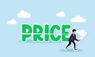 A businessman uses a sword to cut the word PRICE, illustrating a discount or promotional offer for business products vector