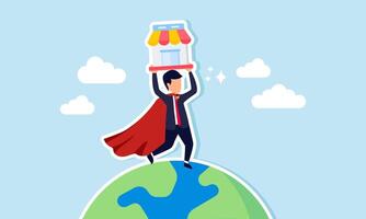 A super businessman standing on Earth while holding a store, illustration of a successful businessman boosting his marketplace's reputation for international expansion vector