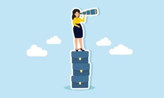 A businesswoman looking through binoculars from atop a pile of briefcases, illustration of vision in securing new projects or job opportunities vector