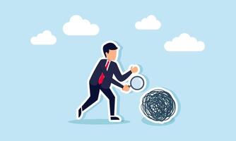 A businessman carries a magnifying glass while examining something complex, illustrating the process of researching and finding solutions to intricate problems vector