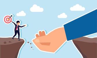 A hand trying to save a businessman holding a board at the edge of a cliff, illustration of assisting in achieving and completing business targets vector