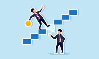 A businessman slips on the stairs while holding bitcoin due to a speech made by another businessman, illustrating how powerful statements can impact bitcoin valuation vector