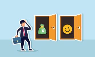 A businessman is confused between two doors, one with a money bag and the other with a smiling emoji, illustration of the dilemma between profit and appreciation or engagement vector