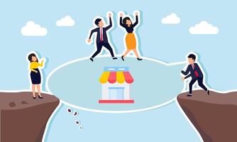 A businessman talking about a store on the edge of a cliff while another businessman climbs his dialogue box, illustrating survival unemployment by becoming an entrepreneur and launching marketplace vector