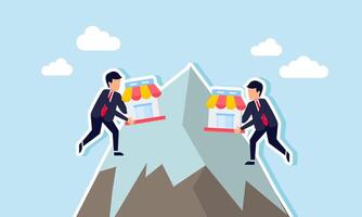 Two businessmen carrying a store are racing to the top of a mountain, illustrating the competition in the marketplace to become a leader in their field vector