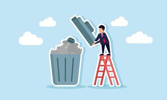 A businessman climbing a ladder intending to close a trash bin filled with broken and shattered light bulbs, illustrating many irrelevant business ideas vector