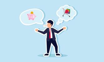 A businessman lies about finances while talking about a piggy bank, but his thoughts are on a shopping cart, illustrating deception in financial communication vector