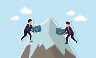 Two businessmen carrying briefcases are racing to the top of a mountain, illustrating the competition in completing business projects or tasks vector