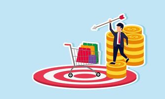 A businessman climbs a pile of coins holding an arrow, aiming to hit a shopping cart on a target board, illustration of targeting company expenses to maintain financial stability vector