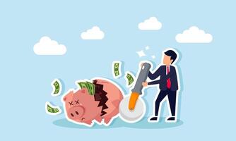 A businessman cutting open a piggy bank filled with money using a saw, illustrating the process of liquidating a deposit investment vector