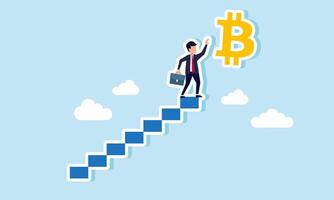 A businessman at the top of a ladder trying to grab a bitcoin sign, illustration of the effort to achieve an all-time high bitcoin valuation vector