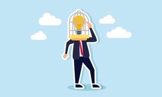 A businessman with a light bulb head trapped in a cage, illustration of incorrect innovation implementation causing the business to stagnate vector