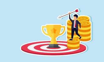 A businessman climbs a pile of coins holding an arrow, aiming to hit a trophy on a target board, illustration of targeting achievements in business to become the best in the industry vector