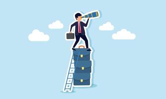 A businessman climbing a stack of briefcases with a ladder while looking through binoculars, illustration of effort in vision for securing new projects or jobs vector