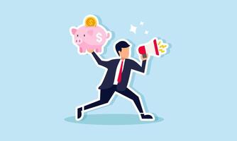 A businessman promoting a piggy bank using a megaphone, illustrating the importance of educating the public about investment vector