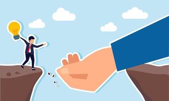 A hand trying to save a businessman holding a light bulb at the edge of a cliff, illustration of assisting in the application of business ideas and innovation vector