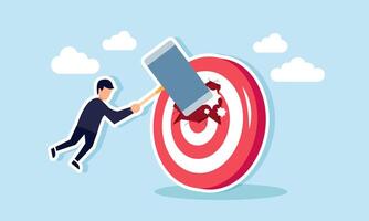A businessman hit a target board with a giant hammer, illustration of business policies disrupting and altering established business goals vector