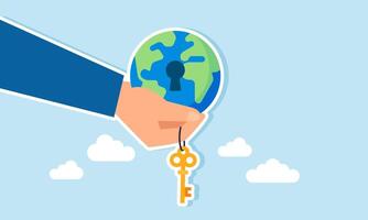 A hand holding a globe with keys, illustration of solutions to global issues in the business world vector