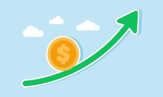 A dollar coin climbs a rising green graph, illustration of the increasing value of the dollar vector