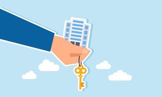 A hand holding an office building and a company with keys, illustration of solving business problems by obtaining solutions from third parties vector