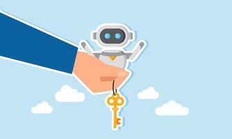 A hand holding an AI robot with keys, illustration of receiving advice and solutions related to business through the use of AI vector