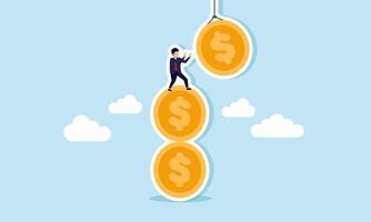 A businessman climbing a stack of dollar coins and trying to catch another coin hanging from a string, illustration of the effort to increase company assets vector