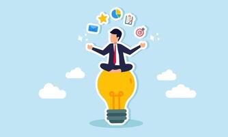 A businessman meditating cross-legged on a lamp surrounded by elements of financial management, illustration of innovation in effective business management vector