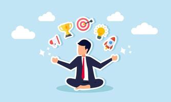 A businessman meditating in a cross-legged position surrounded by elements of marketing and promotion strategies, illustration of finding solutions for effective and efficient marketing strategies vector