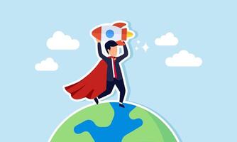 A super businessman standing on Earth while holding a rocket, illustration of a successful businessman elevating his startup's reputation globally vector