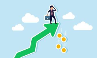 A businessman at the tip of an arrow finds several dollar coins that have fallen, illustrating the effect of valuation decline after reaching an all-time high vector