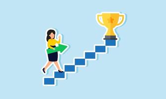 A businesswoman carries an arrow while climbing a ladder leading to a trophy, illustrating the strategy for making a business top-quality and a leader in its field vector
