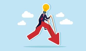 A businessman with a lightbulb head riding a red arrow pointing downward, illustration of declining quality of ideas and innovations used as business strategies vector