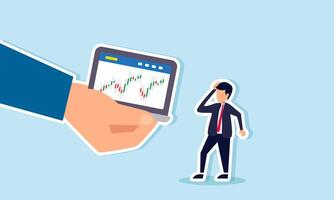 A businessman looks confused after receiving a laptop displaying a stock trading site, illustrating the challenge of analyzing stock charts. vector