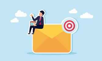A businessman sits on an envelope with a target board notification while using a laptop, illustrating the report and analysis of team performance in meeting business goals vector