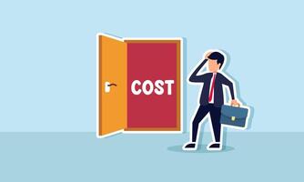 A businessman feels confused as he approaches a door labeled COST, illustrating the confusion in determining whether company expenses will be effective or burdensome vector
