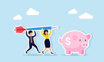 A businessman and businesswoman work together to lift an arrow towards a piggy bank, illustrating teamwork in targeting assets and investment strategies vector