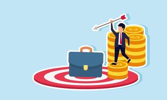 A businessman climbs a pile of coins holding an arrow, aiming to hit a briefcase on a target board, illustration of the pursuit of additional projects to meet company revenue goals vector