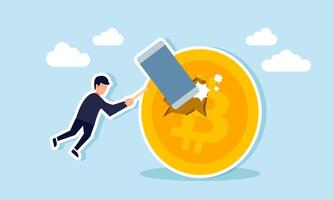 A businessman hit a bitcoin with a giant hammer, illustration of business policies damaging the valuation of bitcoin vector