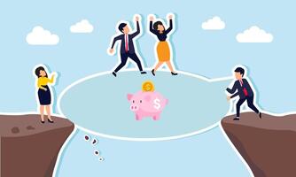 A businessman talking about a piggy bank on the edge of a cliff while another businessman climbs his dialogue box, illustrating survival from bankruptcy due to investments vector