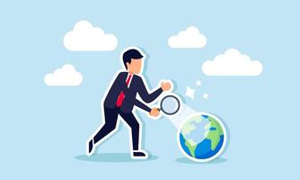 A businessman examines and illuminates the Earth with a magnifying glass, illustrating attention to sustainability and the continuity of life on the planet vector