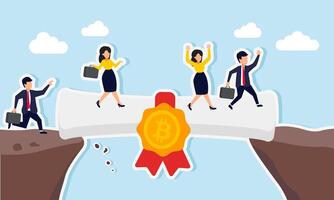 A group of businesspeople crossing a chasm on ribbon-labeled bitcoin paper, illustration of agreements to sell bitcoin to solve financial issues vector