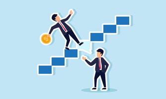 A businessman slips on the stairs while holding a dollar coin due to a speech made by another businessman, illustrating how powerful statements can affect dollar valuation vector