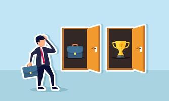 A businessman is confused between two doors, one with a briefcase and the other with a trophy, illustration of the dilemma of choosing between disregarding or valuing achievements vector