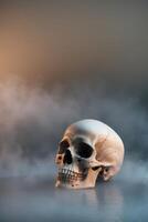 A skull is floating in the water with fog photo