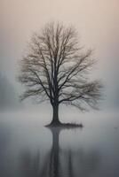 A lone tree stands in the middle of a lake photo