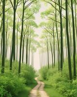 A path through a green forest with trees photo