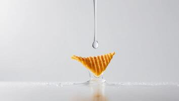 A drop of water falling from a bottle onto a piece of potato chips photo