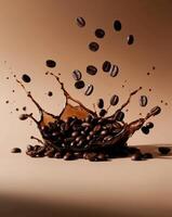 Coffee beans falling into a splash of coffee photo